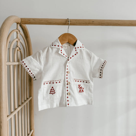 Embroidered Christmas Button Down Red