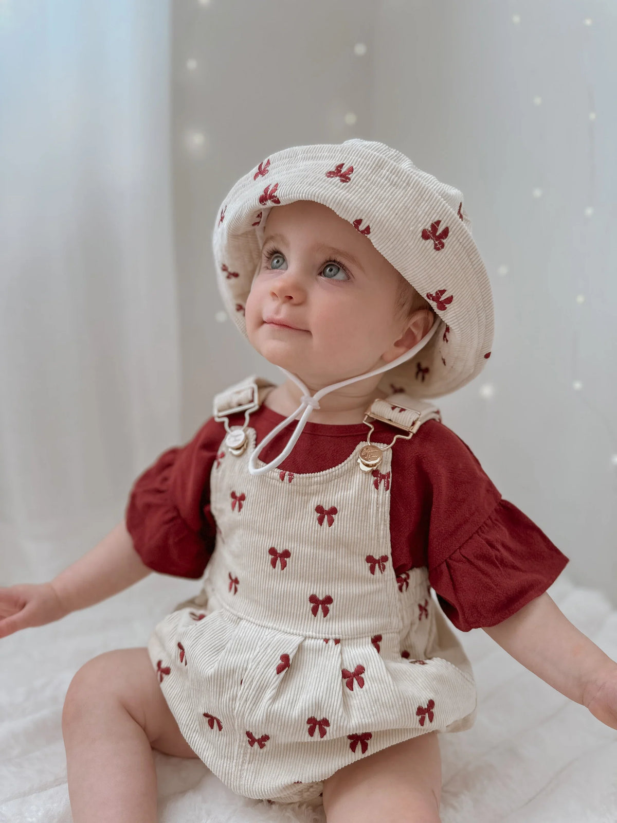 Corduroy Overall Romper - Red Bow