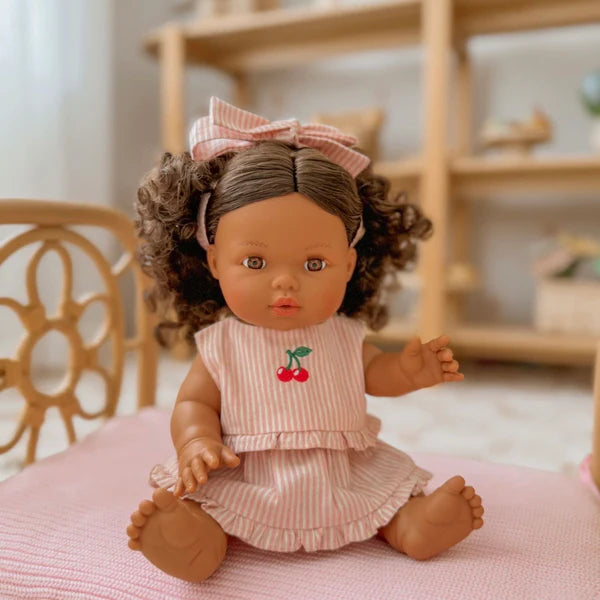 Dolls Vintage Pink & Ivory Frilled Three-Piece Set with Cherry 🍒 Embroidery