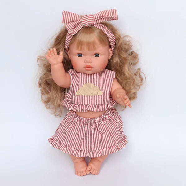 3-piece top + skirt + bow dolls set in Croissant vintage Red Ivory pinstripe
