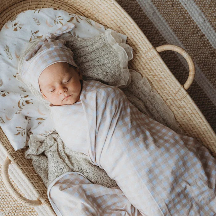Snuggly Jacks Sand Gingham Jersey Swaddle Stretch Wrap Beanie Set Everythings Rosie