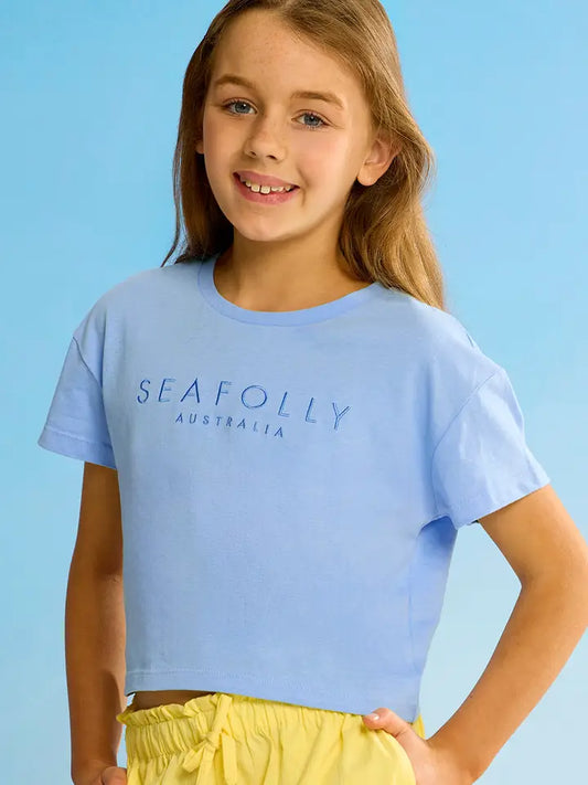 Cotton Embroidery Crop Tee Sky Blue