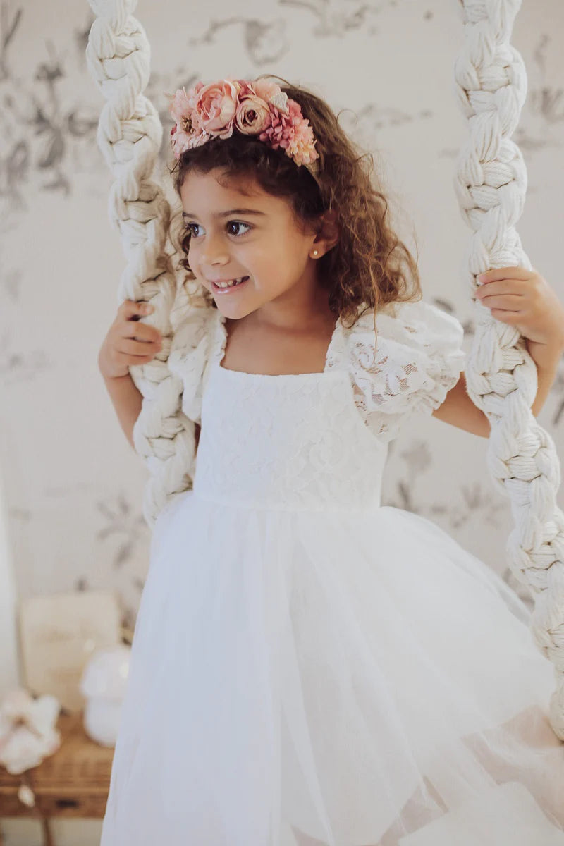 A Little Lacey - Callista Puff Sleeve White Baby Dress