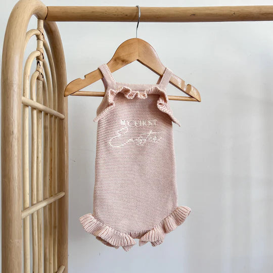 'My First Easter' Singlet Knit Frill Romper - Pink Lemonade
