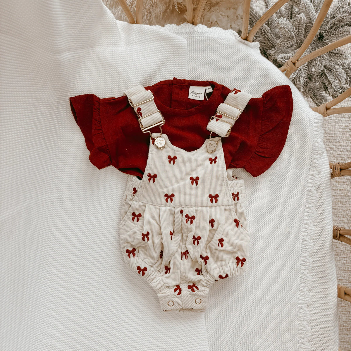 Corduroy Overall Romper - Red Bow