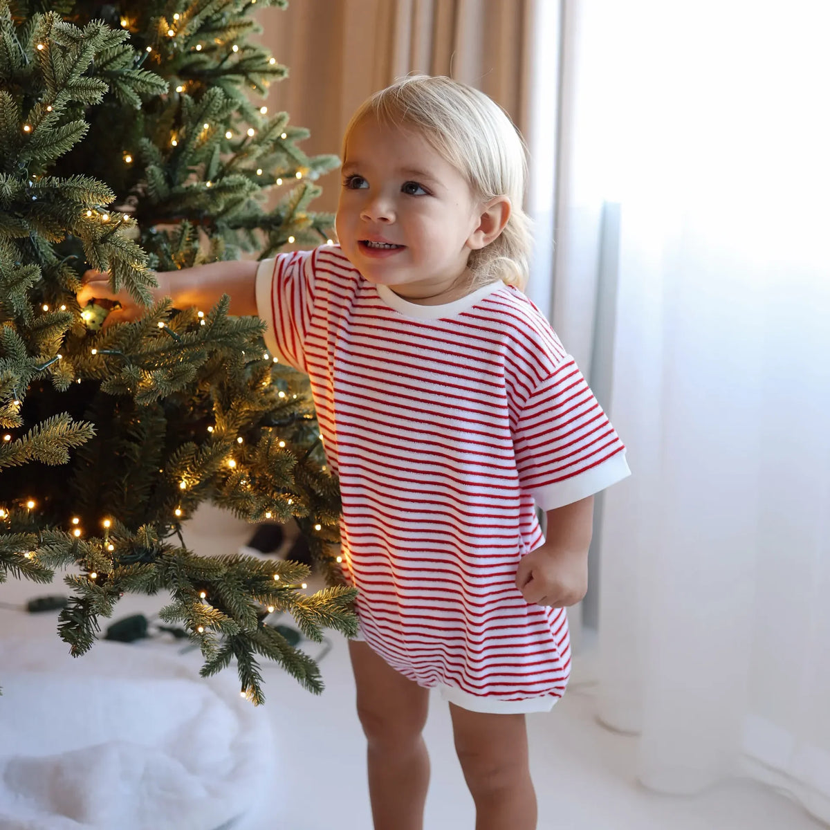 Stripe Terry Slouch Romper - Cherry