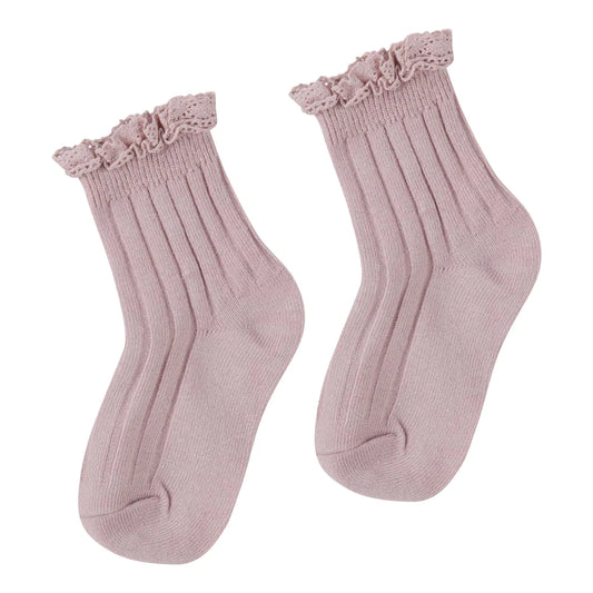 Designer Kidz - Lace Frill Crew Socks - Dusty Pink