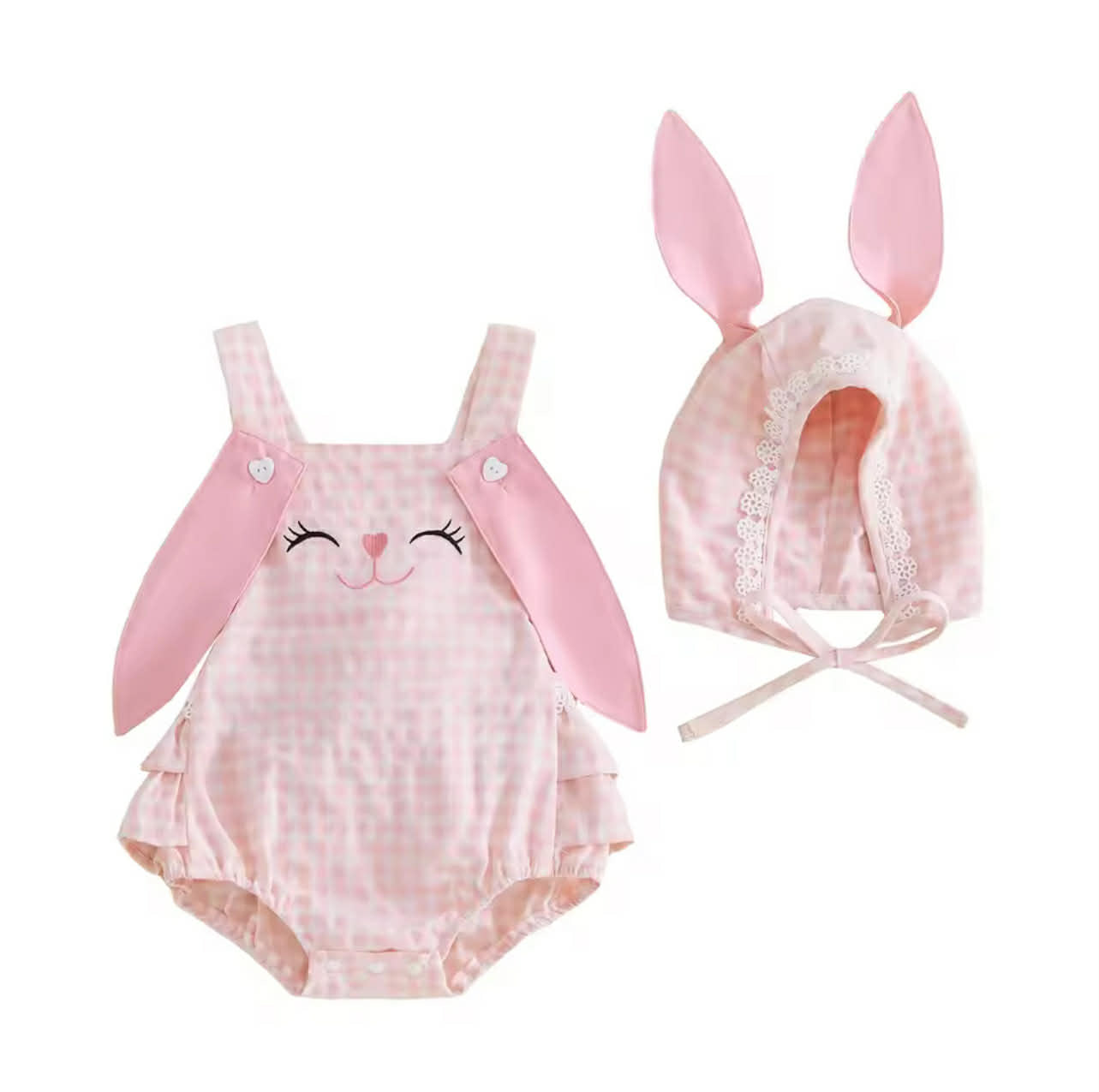 Bonnie Bunny Check Romper & Bonnet Pink