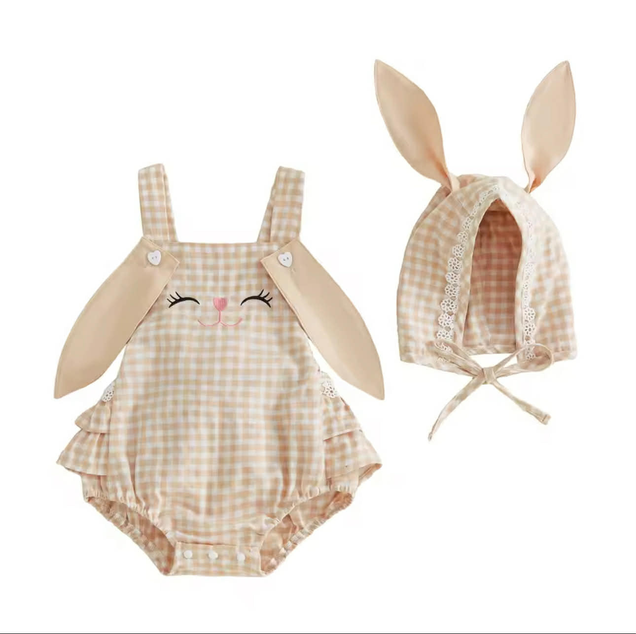 Bonnie Bunny Check Romper & Bonnet Beige