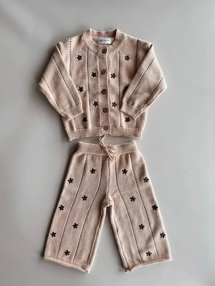 Cotton Knit Set | Embroidery Brown Daisy Cardigan