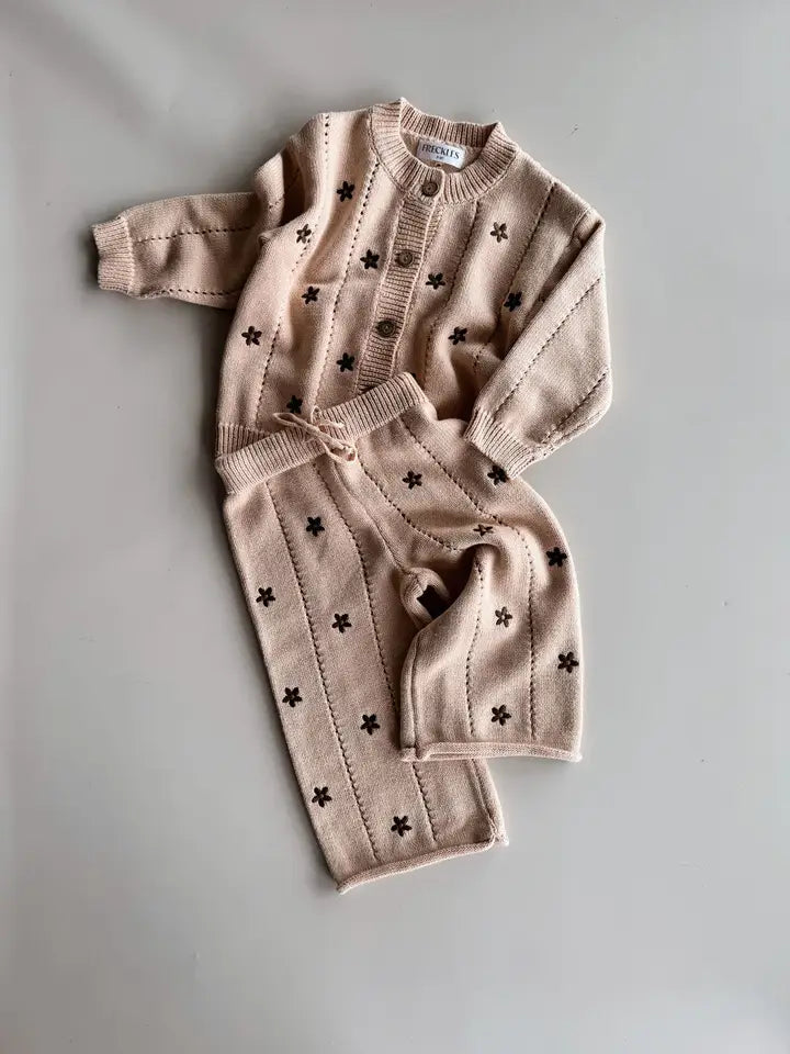 Cotton Knit Set | Embroidery Brown Daisy Cardigan