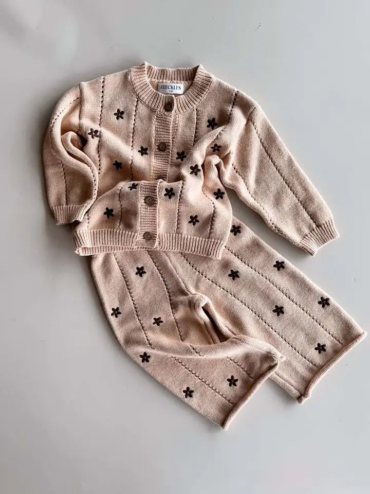 Cotton Knit Set | Embroidery Brown Daisy Cardigan