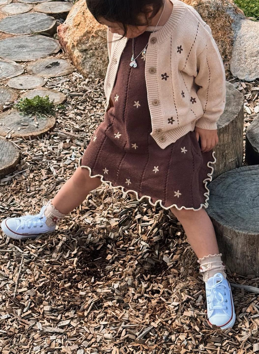 Pointelle Tie Dress | Brown Embroidery Daisy