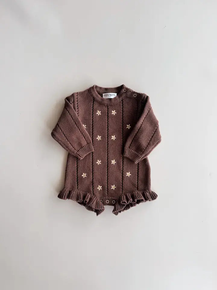 Embroidered Pointelle Romper | Brown Daisy