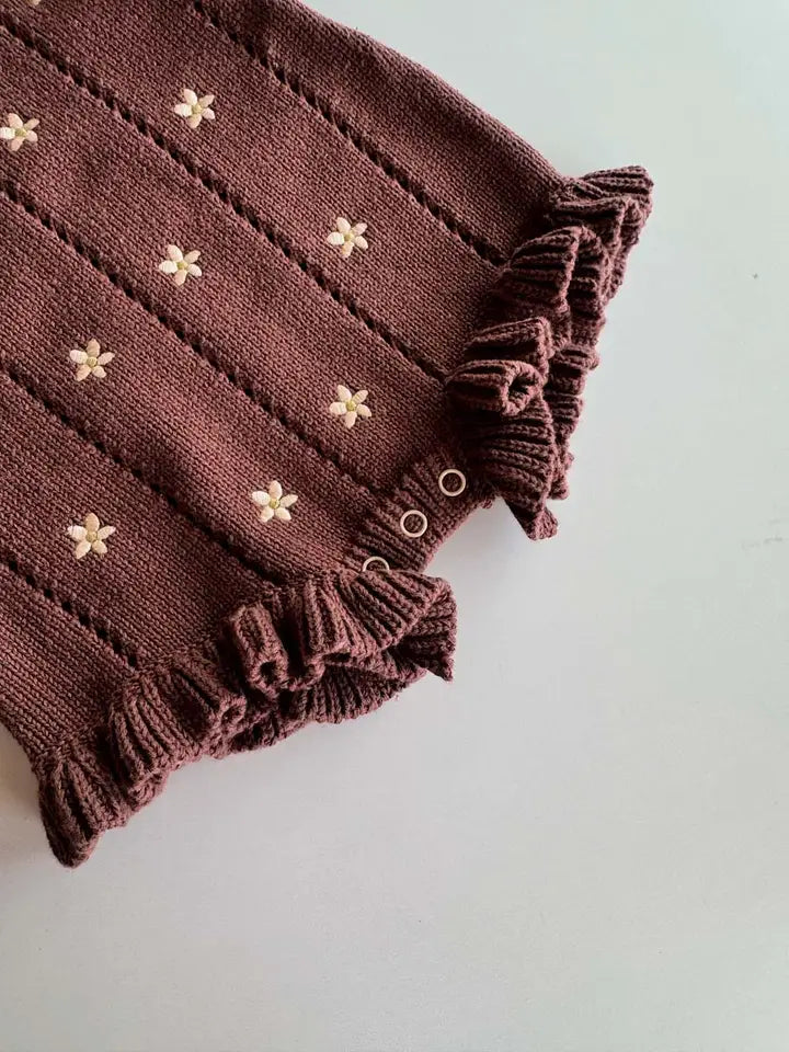 Embroidered Pointelle Romper | Brown Daisy