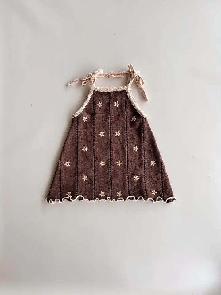 Pointelle Tie Dress | Brown Embroidery Daisy