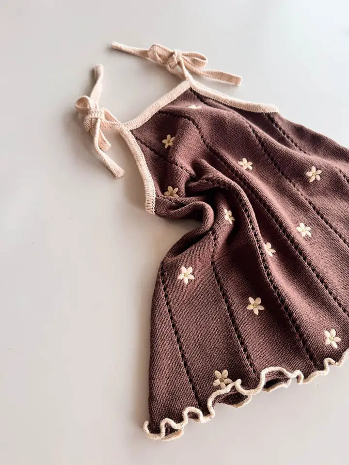 Pointelle Tie Dress | Brown Embroidery Daisy