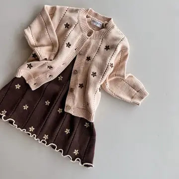 Cotton Knit Set | Embroidery Brown Daisy Cardigan