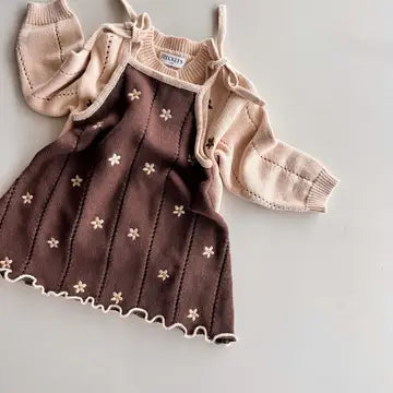 Cotton Knit Set | Embroidery Brown Daisy Cardigan