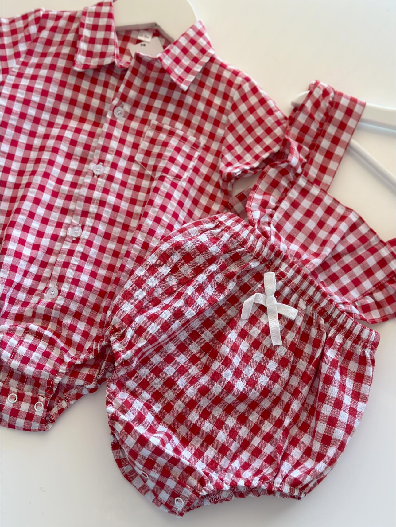 Red Check Rompers - Girls