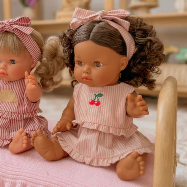 Dolls Vintage Pink & Ivory Frilled Three-Piece Set with Cherry 🍒 Embroidery