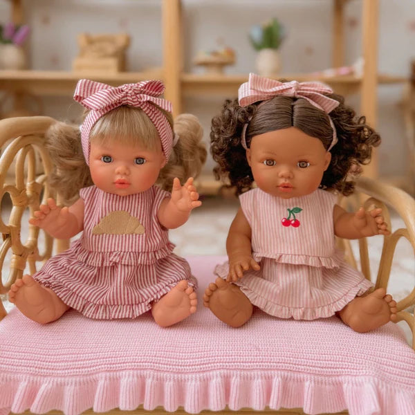 Dolls Vintage Pink & Ivory Frilled Three-Piece Set with Cherry 🍒 Embroidery