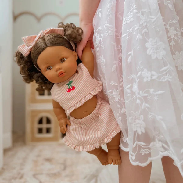 Dolls Vintage Pink & Ivory Frilled Three-Piece Set with Cherry 🍒 Embroidery