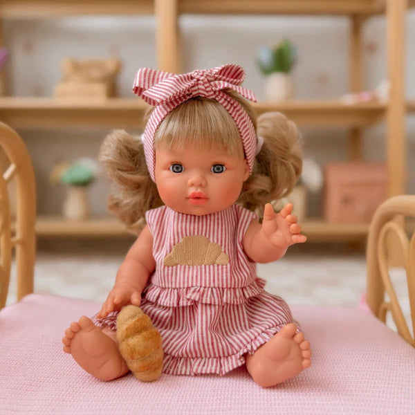 3-piece top + skirt + bow dolls set in Croissant vintage Red Ivory pinstripe