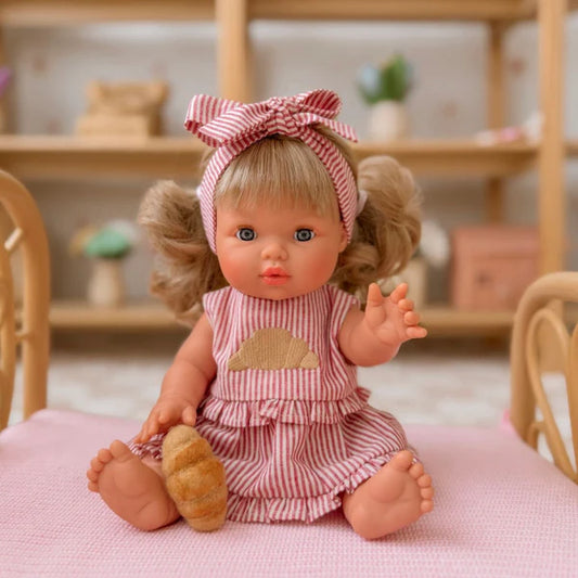 3-piece top + skirt + bow dolls set in Croissant vintage Red Ivory pinstripe