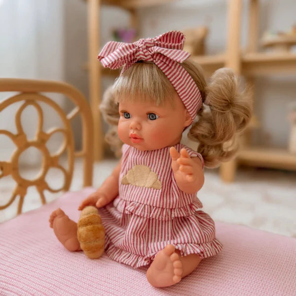 3-piece top + skirt + bow dolls set in Croissant vintage Red Ivory pinstripe