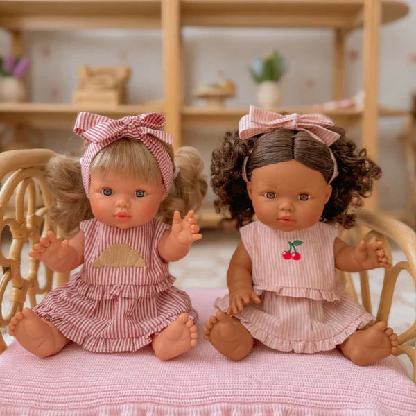 3-piece top + skirt + bow dolls set in Croissant vintage Red Ivory pinstripe