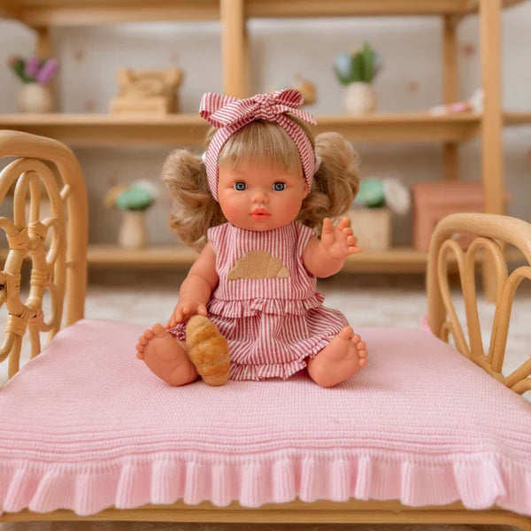 3-piece top + skirt + bow dolls set in Croissant vintage Red Ivory pinstripe