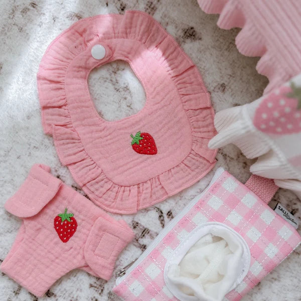 Strawberry Frilled Bib & Diaper Doll Set