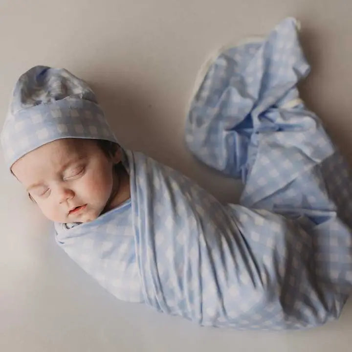 Snuggly Jacks - Cornflower Gingham Jersey Swaddle Stretch Wrap & Beanie