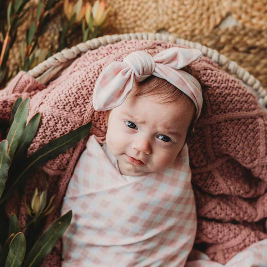 Peachy Pink Gingham Jersey Swaddle Stretch Wrap & Top Knot